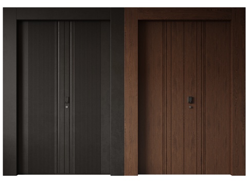  现代极简双开门 中古平开门 入户门 防盗门 通顶对开门 别墅3d模型 