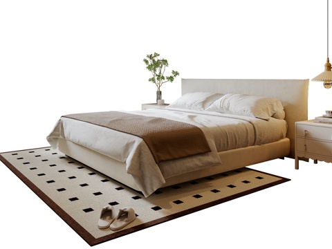  法式双人床 布艺双人床 床头柜 吊灯 地毯3d模型 