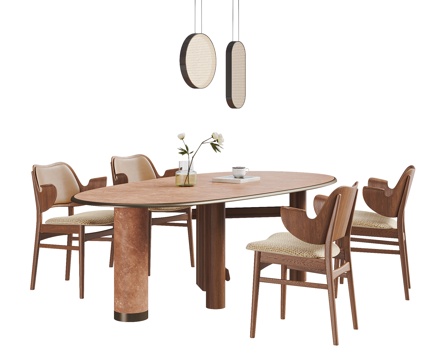 现代中古风餐桌椅组合 吊灯 餐桌 餐椅su模型