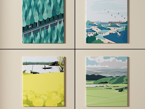  现代，简约，组合，奶油风，装饰画3d模型 