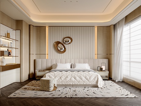  现代轻奢卧室 轻奢书架 轻奢双人床 卧室摆件 挂饰3d模型 