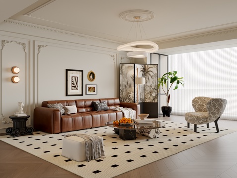  法式中古风客厅 沙发茶几 休闲椅 挂画 吊灯 落地灯 地毯su模型 