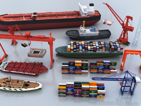  现代塔吊设备船舶组合3d模型 