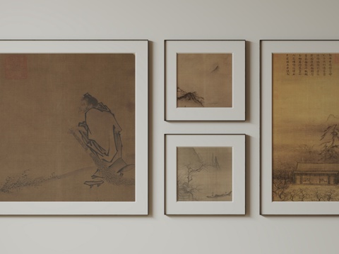  新中式禅意装饰画 宋式挂画 侘寂风挂画 中古风卷轴画 山水字3d模型 