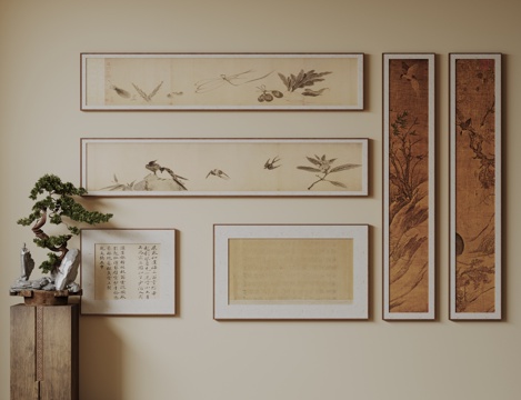 新中式禅意装饰画 宋式挂画 侘寂风挂画 中古风卷轴画 山水字su模型