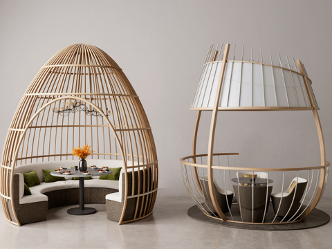 现代圆形卡座组合异形户外沙发鸟笼 花卉 餐具 餐桌椅su模型