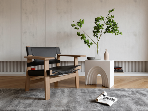 现代休闲椅落地灯绿植盆栽书架边几地毯su模型