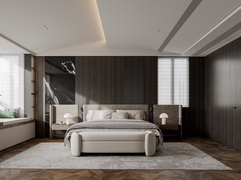  现代深色主卧 卧室3d模型 
