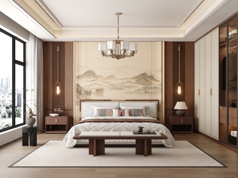  新中式卧室 宋式卧室 飘窗卧室 主卧 中式卧室3d模型 