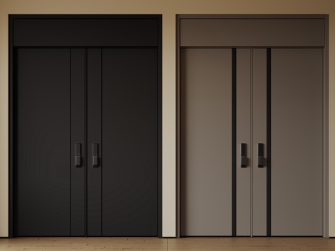 现代极简双开门 中古平开门 入户门 防盗门 通顶对开门 别墅su模型