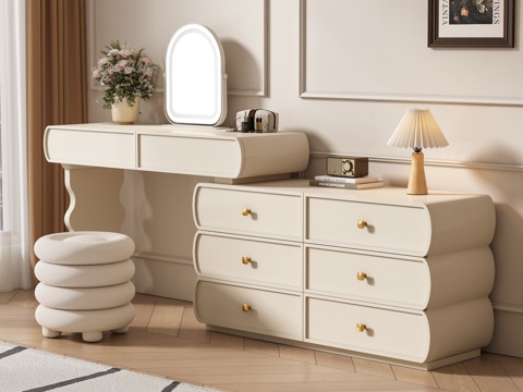  法式奶油风梳妆台 梳妆镜 妆凳 花瓶 化妆品 收音机 台灯3d模型 