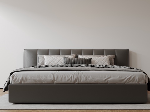  现代意式双人床 皮质床 布艺双人床 中古主卧床 地台床 极简su模型 