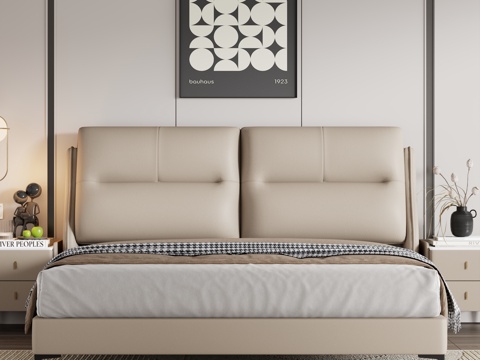  现代卧室 卧室家居 双人床 床头柜 极简床  装饰品 挂画3d模型 