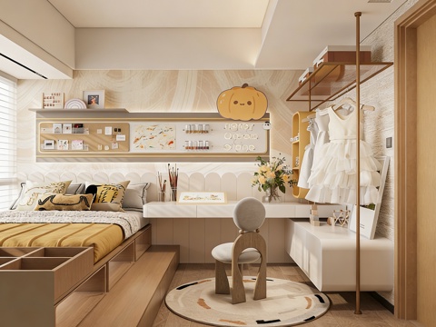 现代奶油女孩房 儿童房书桌 单椅 儿童房摆件3d模型 