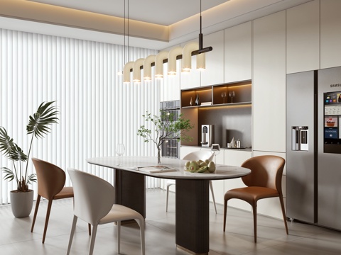 现代餐厅 餐桌椅 酒柜 酒水 摆件 吊灯 墙饰 挂画 水生植su模型