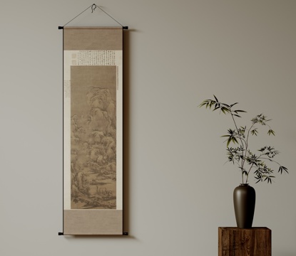 新中式禅意装饰画 宋式挂画 侘寂风挂画 中古风卷轴画 山水字3d模型