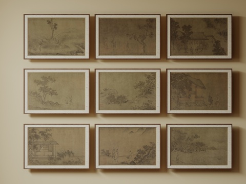  新中式禅意装饰画 宋式挂画 侘寂风挂画 中古风卷轴画 山水字su模型 