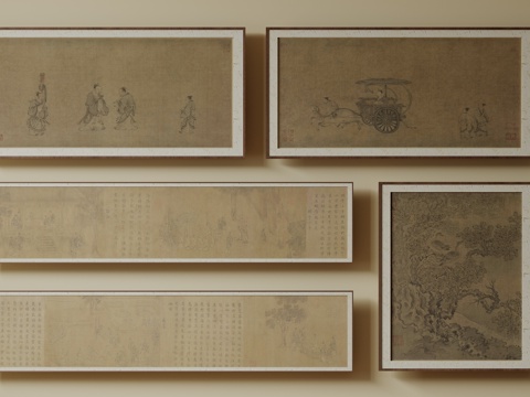  新中式禅意装饰画 宋式挂画 侘寂风挂画 中古风卷轴画 山水字su模型 