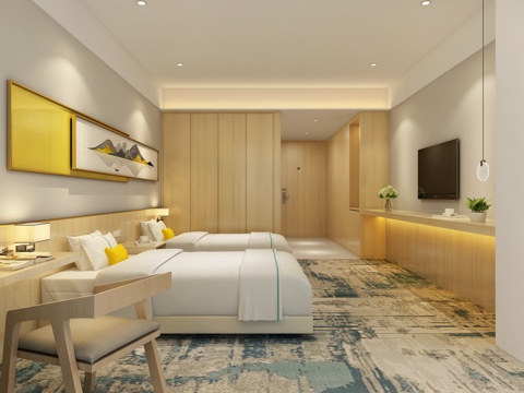  现代酒店客房 标准间客房 双人间 大床房 快捷酒店客房3d模型 