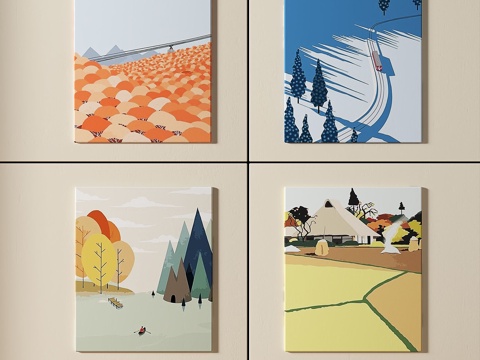  现代，简约，组合，奶油风，装饰画3d模型 