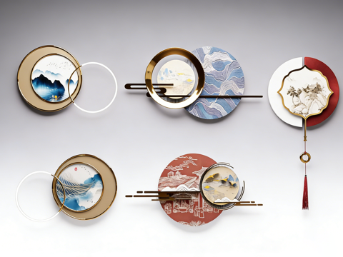 新中式圆形墙面装饰 金属线条亚克力山水画 茶室背景墙墙饰su模型