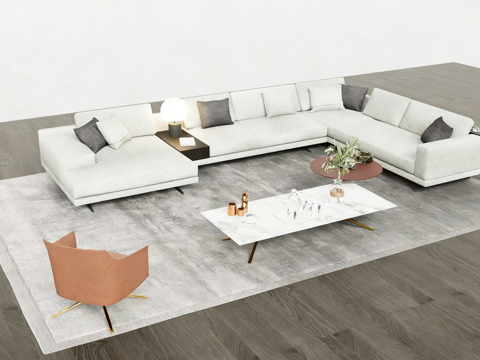 现代简约客厅沙发茶几组合 L型布艺沙发 大理石茶几su模型