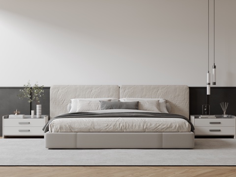  现代意式双人床 皮质床 布艺双人床 中古主卧床 地台床 极简su模型 