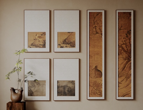  新中式禅意装饰画 宋式挂画 侘寂风挂画 中古风卷轴画 山水字3d模型 