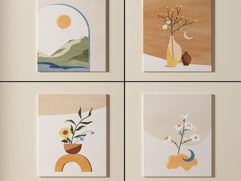  现代，简约，组合，奶油风，装饰画3d模型 