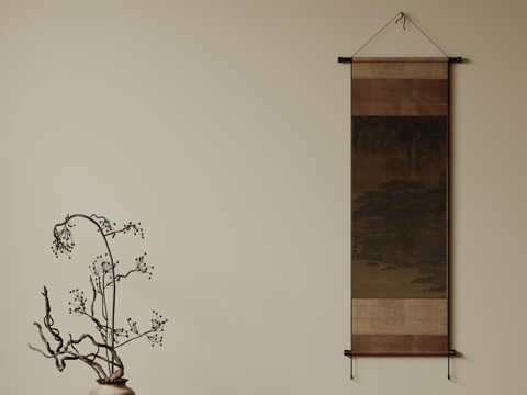  新中式禅意装饰画 宋式挂画 侘寂风挂画 中古风卷轴画 山水字3d模型 
