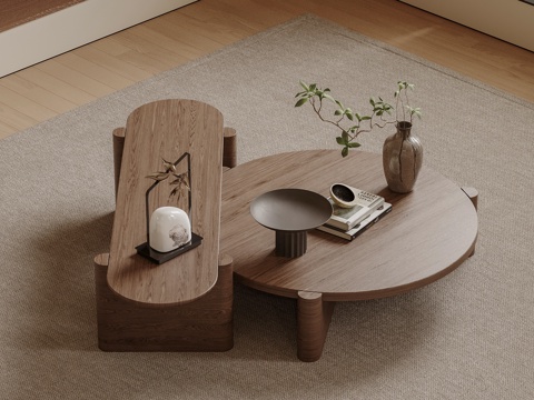  宋式茶几 圆形茶几 木制茶几 绿植摆件3d模型 