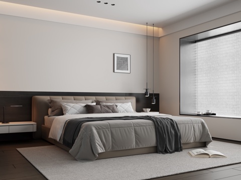  现代极简家居卧室 意式轻奢卧室 黑白灰卧室 布艺双人床 主卧su模型 