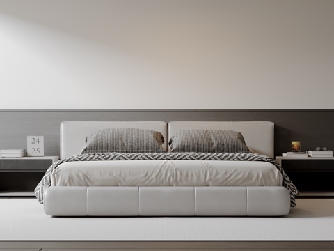  现代意式双人床 皮质床 布艺双人床 中古主卧床 地台床 极简su模型 