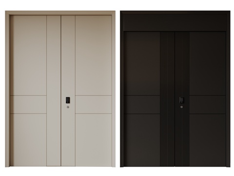  现代极简双开门 中古平开门 入户门 防盗门 通顶对开门 别墅su模型 