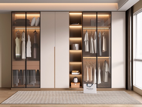  现代衣柜 定制通顶衣柜 玻璃门衣柜su模型 