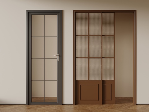 中古风推拉门 单开门su模型