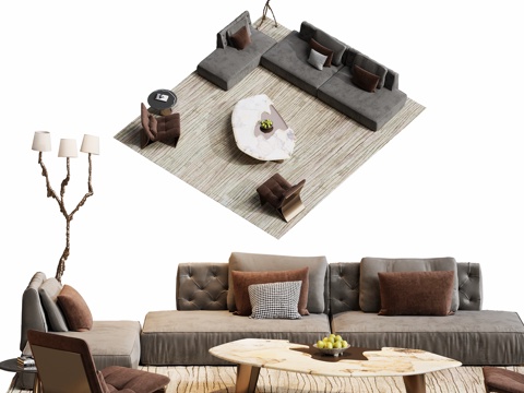  客厅轻奢沙发茶几组合3d模型 