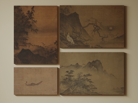 新中式禅意装饰画 宋式挂画 侘寂风挂画 中古风卷轴画 山水字su模型