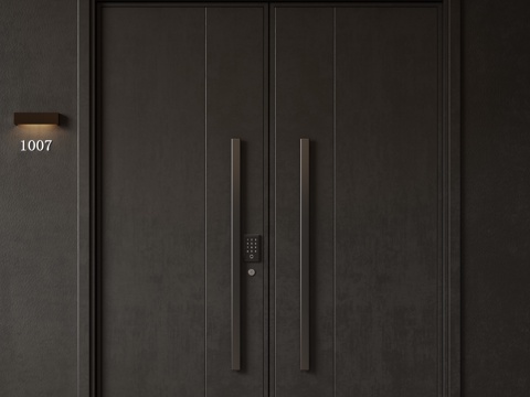  现代极简双开门 中古平开门 入户门 防盗门 通顶对开门 别墅su模型 