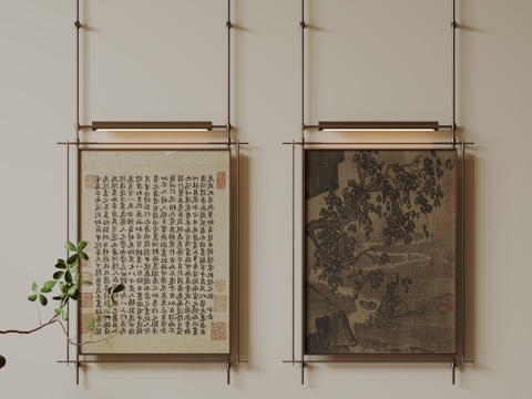 新中式禅意装饰画 宋式挂画 侘寂风挂画 中古风卷轴画 山水字su模型