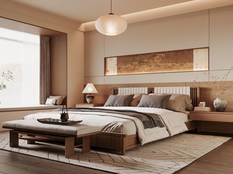  宋式卧室 宋式家居卧室 宋式双人床 床尾塌 卧室饰品摆件3d模型 