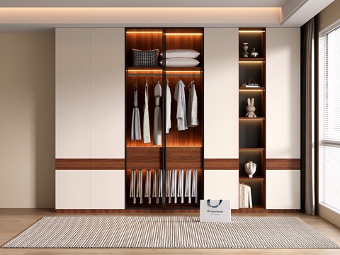  现代中古衣柜 定制通顶衣柜 玻璃门衣柜su模型 