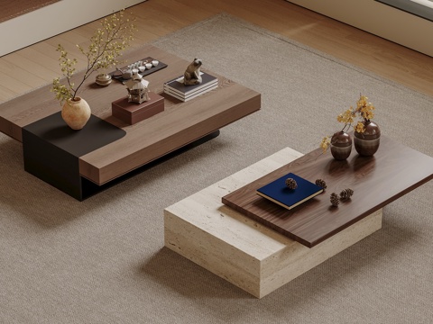 宋式茶几 长形茶几 木制茶几 绿植摆件su模型su模型