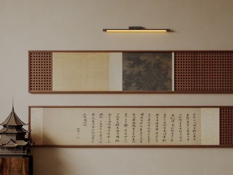  新中式禅意装饰画 宋式挂画 侘寂风挂画 中古风卷轴画 山水字su模型 