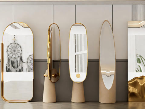 现代轻奢落地镜 金色边框 不规则艺术镜 装饰镜su模型