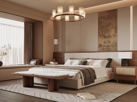 宋式卧室 宋式家居卧室 宋式双人床 床尾塌 卧室饰品摆件su模型