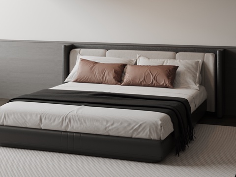  现代意式双人床 皮质床 布艺双人床 中古主卧床 地台床 极简su模型 