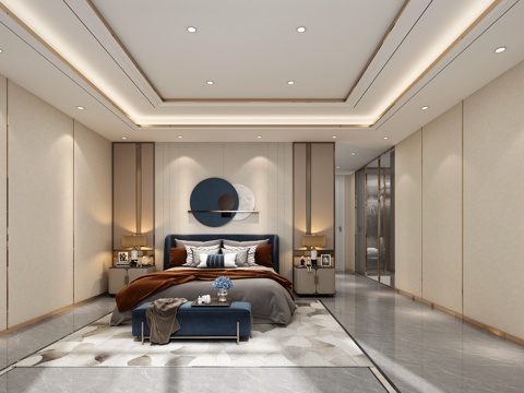  现代家居卧室 双人床 衣柜 床头柜 地毯 饰品摆件3d模型 