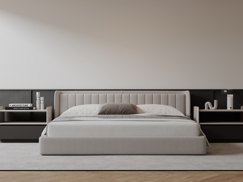  现代意式双人床 皮质床 布艺双人床 中古主卧床 地台床 极简su模型 