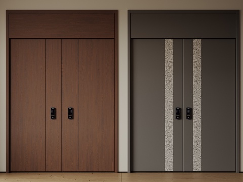 现代极简双开门 中古平开门 入户门 防盗门 通顶对开门 别墅su模型